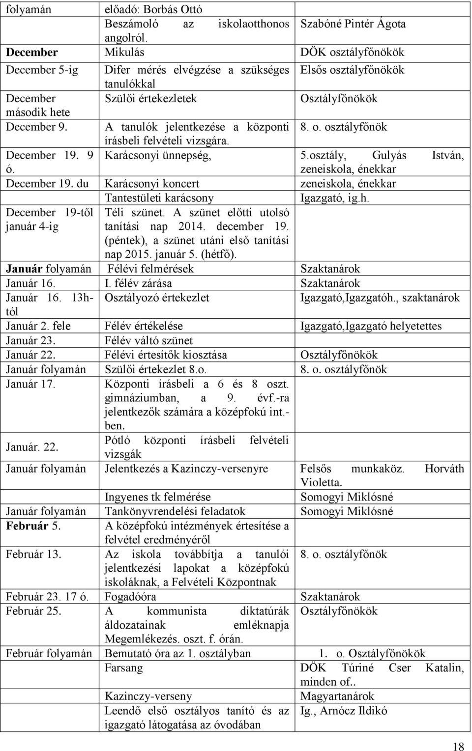 A tanulók jelentkezése a központi 8. o. osztályfőnök írásbeli felvételi vizsgára. December 19. 9 Karácsonyi ünnepség, 5.osztály, Gulyás István, ó. zeneiskola, énekkar December 19.