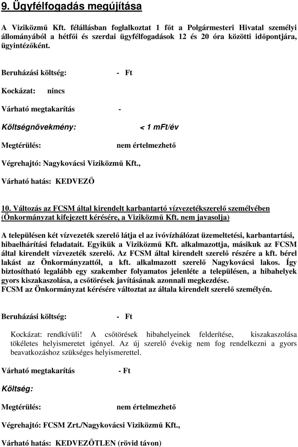 nincs - Költségnövekmény: < 1 mft/év Végrehajtó: Nagykovácsi Viziközmű Kft., 10.