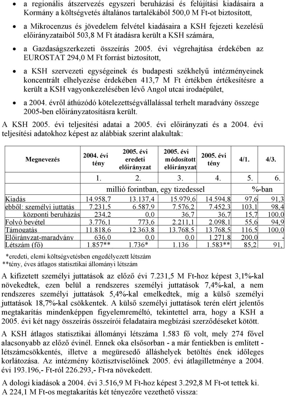 évi végrehajtása érdekében az EUROSTAT 294,0 M Ft forrást biztosított, a KSH szervezeti egységeinek és budapesti székhelyű intézményeinek koncentrált elhelyezése érdekében 413,7 M Ft értékben