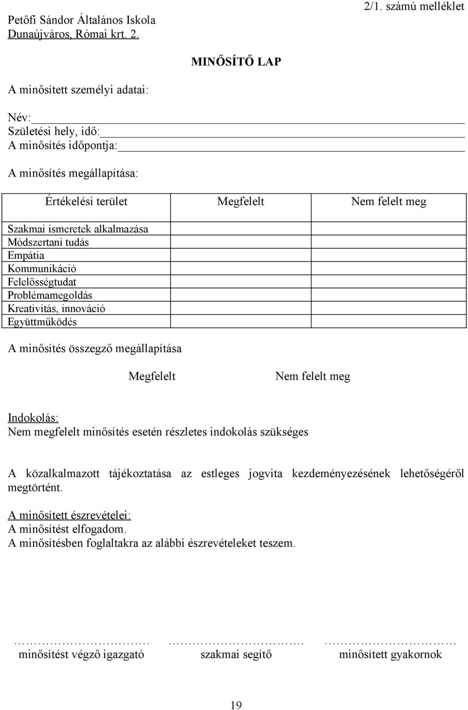 alkalmazása Módszertani tudás Empátia Kommunikáció Felelősségtudat Problémamegoldás Kreativitás, innováció Együttműködés A minősítés összegző megállapítása Megfelelt Nem felelt meg Indokolás: Nem