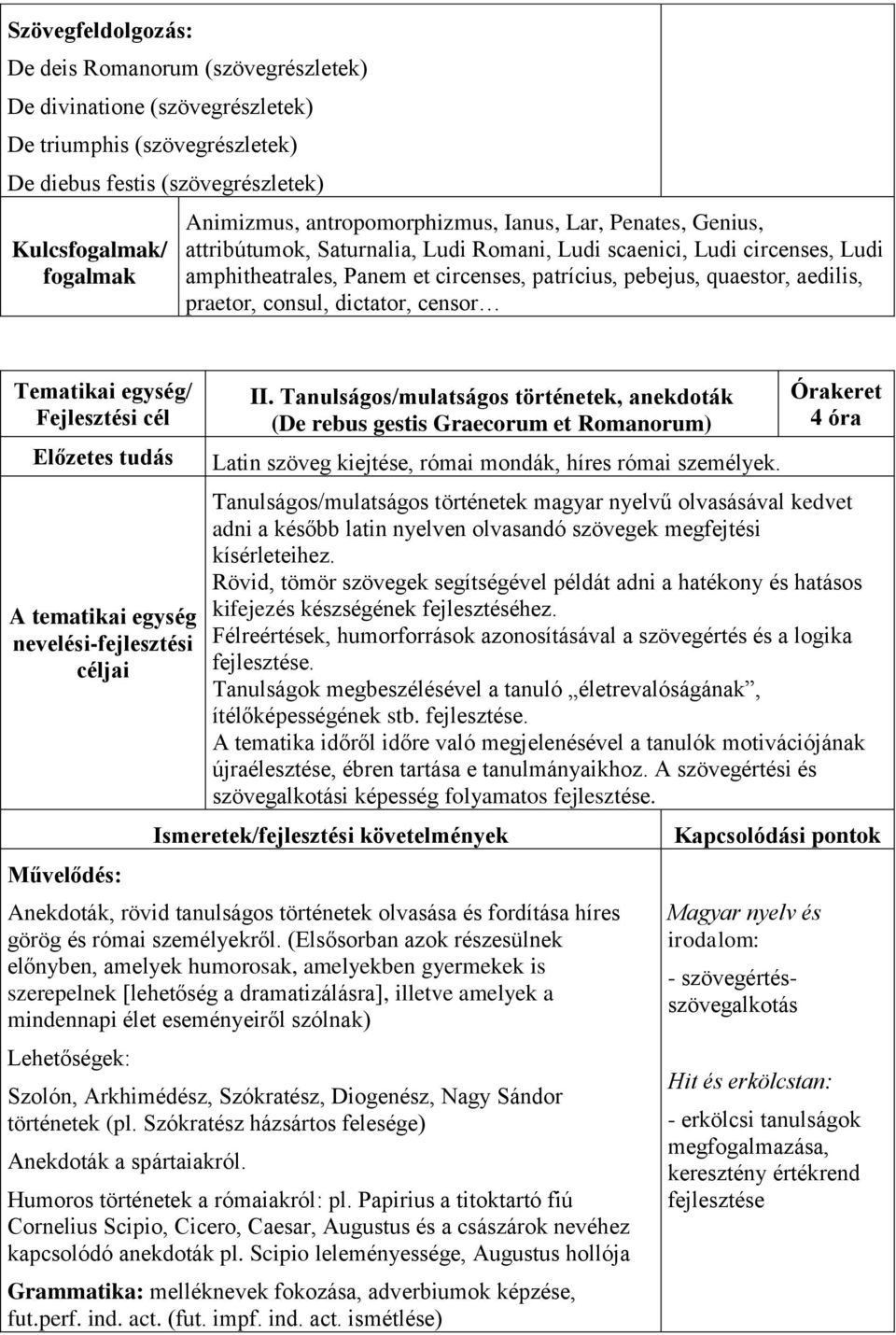 censor nevelési-fejlesztési céljai Művelődés: II. Tanulságos/mulatságos történetek, anekdoták (De rebus gestis Graecorum et Romanorum) Latin szöveg kiejtése, római mondák, híres római személyek.