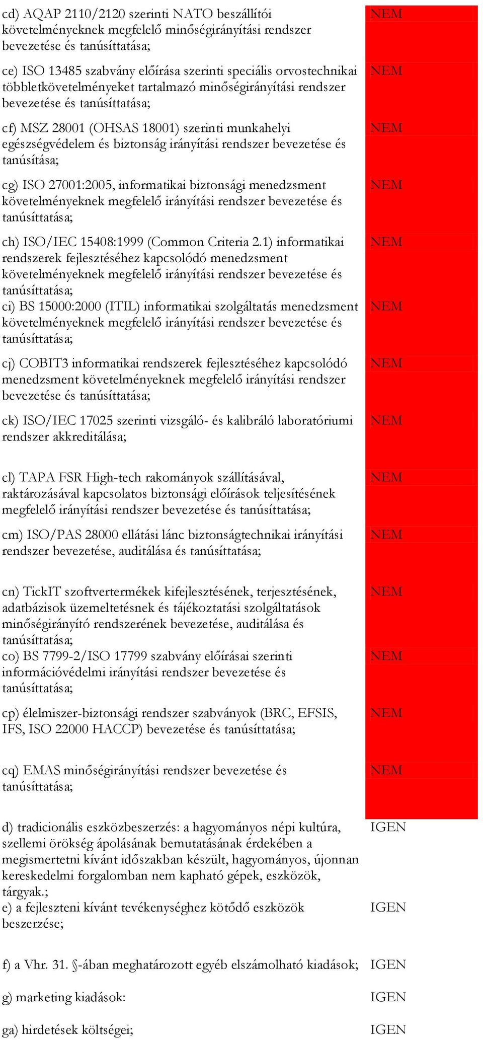 cg) ISO 27001:2005, informatikai biztonsági menedzsment követelményeknek megfelelő irányítási rendszer bevezetése és ch) ISO/IEC 15408:1999 (Common Criteria 2.