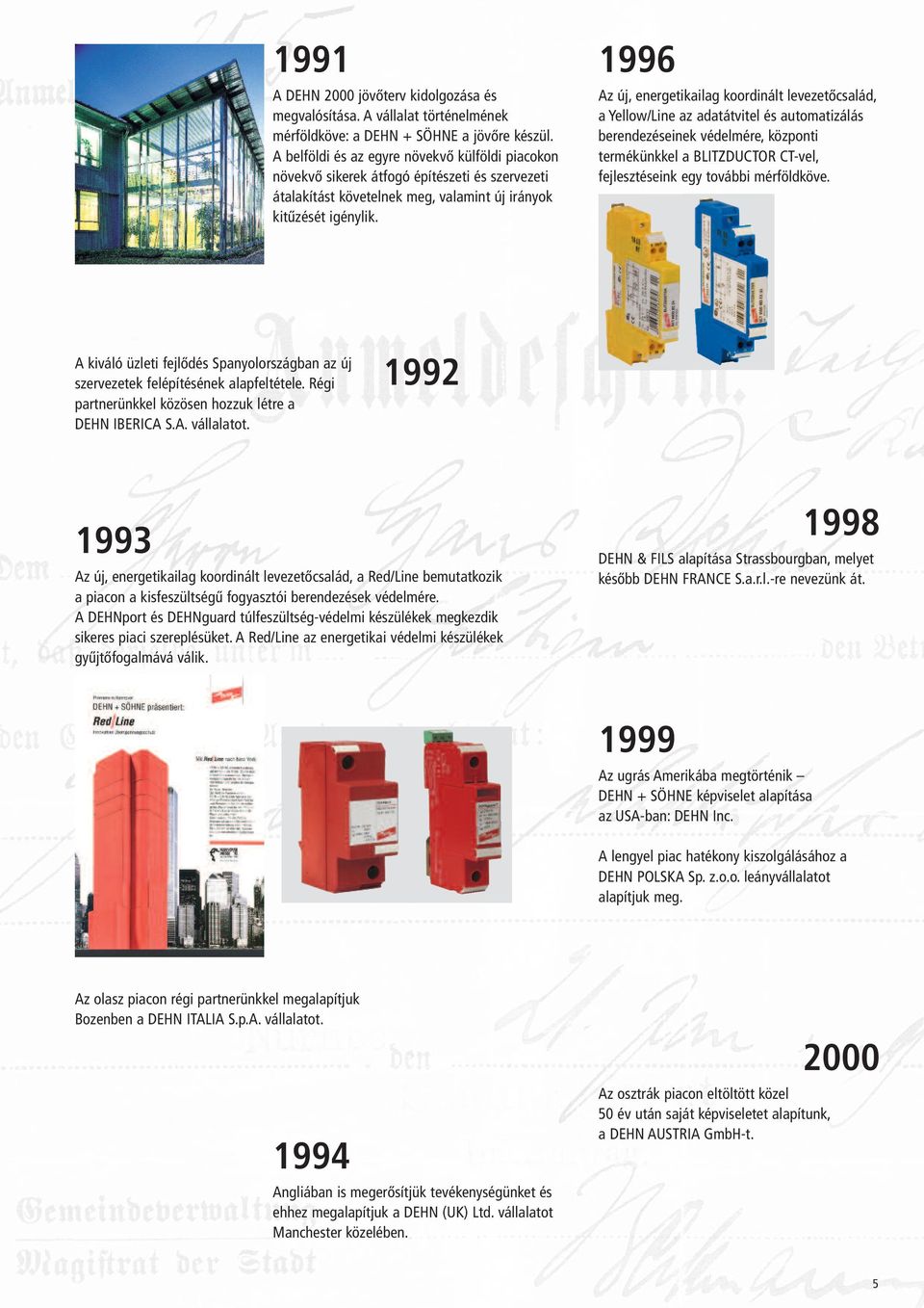 1996 Az új, energetikailag koordinált levezetőcsalád, a Yellow/Line az adatátvitel és automatizálás berendezéseinek védelmére, központi termékünkkel a BLITZDUCTOR CT-vel, fejlesztéseink egy további