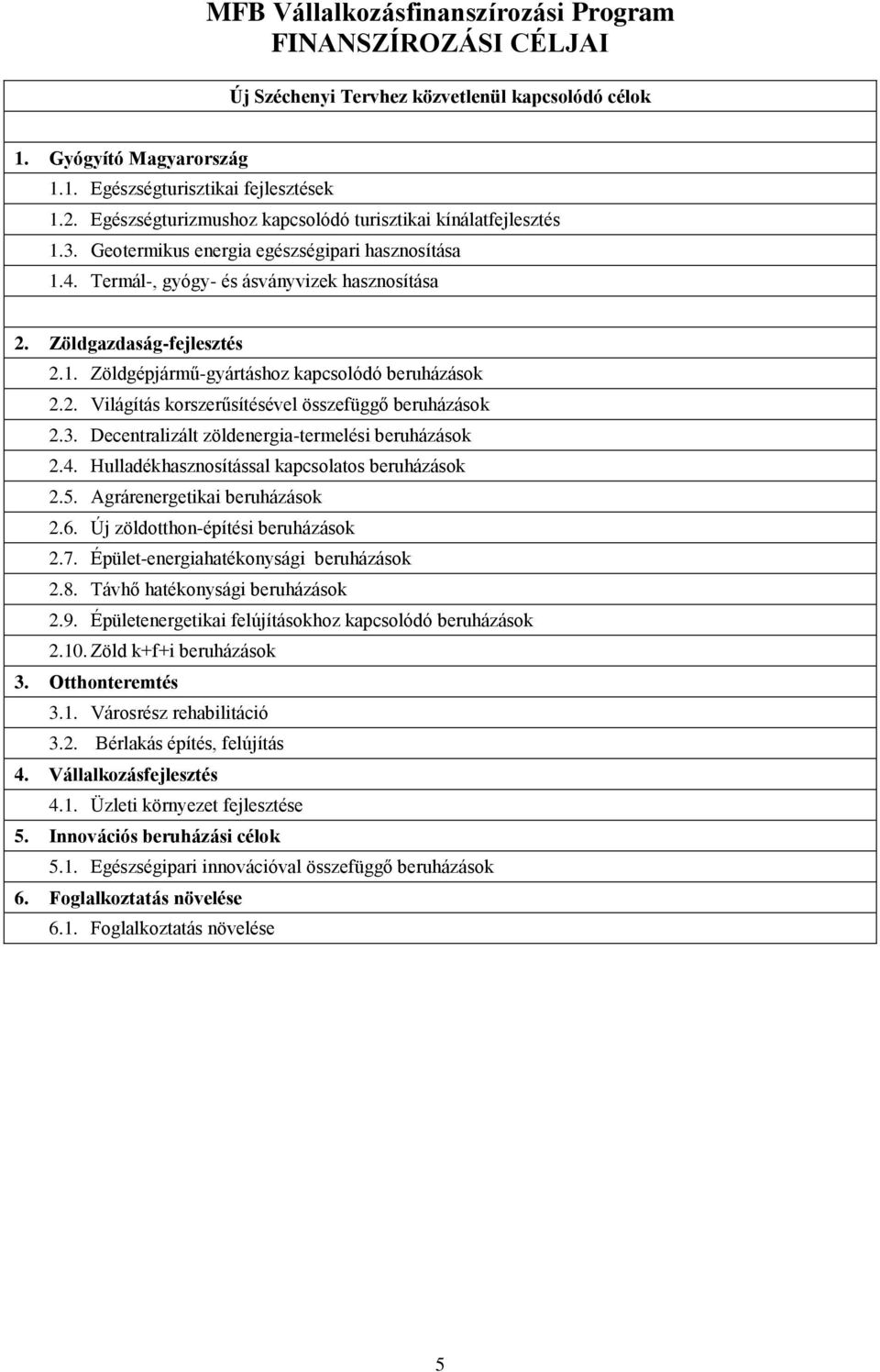 2. Világítás korszerűsítésével összefüggő beruházások 2.3. Decentralizált zöldenergia-termelési beruházások 2.4. Hulladékhasznosítással kapcsolatos beruházások 2.5. Agrárenergetikai beruházások 2.6.