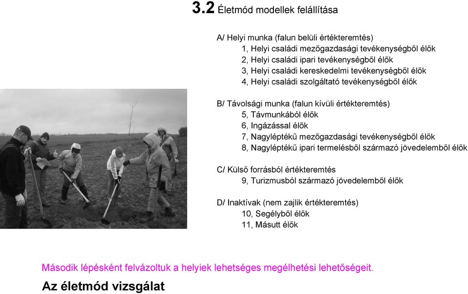 élők 7, Nagyléptékű mezőgazdasági tevékenységből élők 8, Nagyléptékű ipari termelésből származó jövedelemből élők C/ Külső forrásból értékteremtés 9, Turizmusból származó