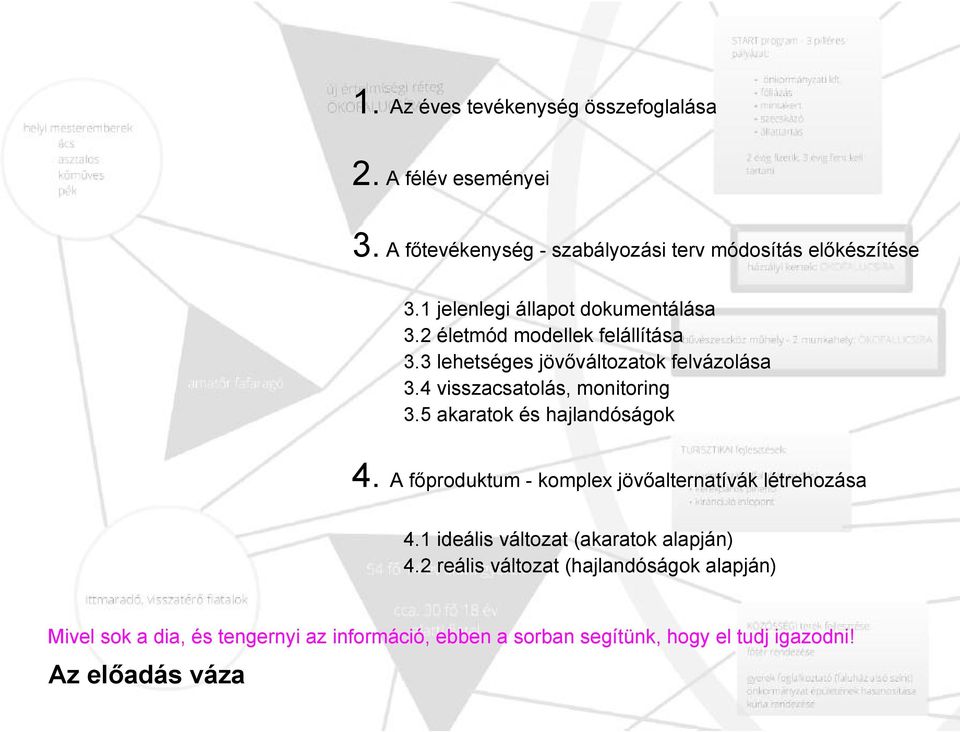 4 visszacsatolás, monitoring 3.5 akaratok és hajlandóságok 4. A főproduktum - komplex jövőalternatívák létrehozása 4.