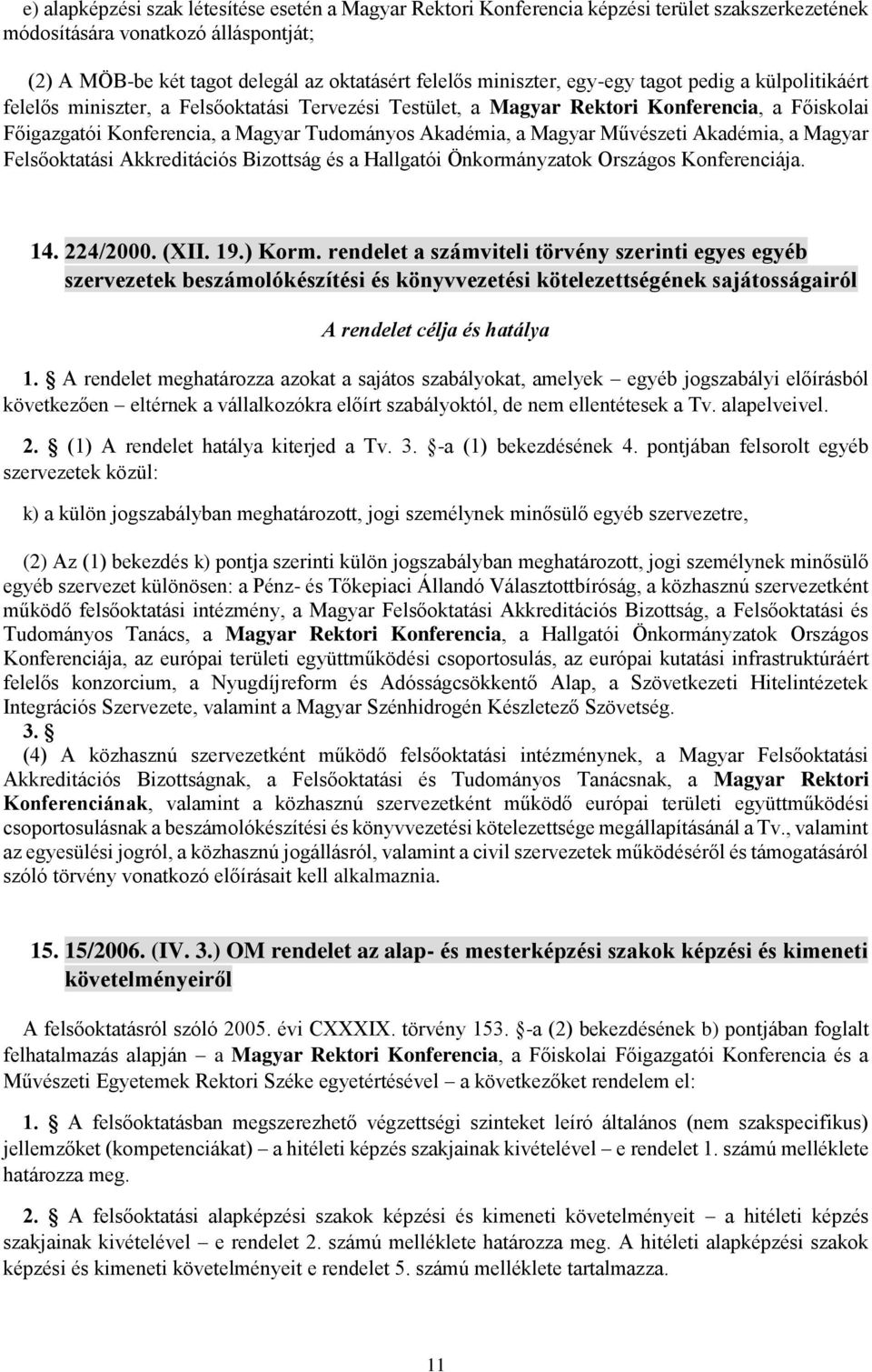 a Magyar Művészeti Akadémia, a Magyar Felsőoktatási Akkreditációs Bizottság és a Hallgatói Önkormányzatok Országos Konferenciája. 14. 224/2000. (XII. 19.) Korm.