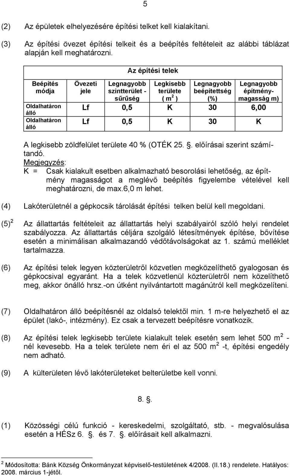 építménymagasság m) Lf 0,5 K 30 K A legkisebb zöldfelület területe 40 % (OTÉK 25.. előírásai szerint számítandó.