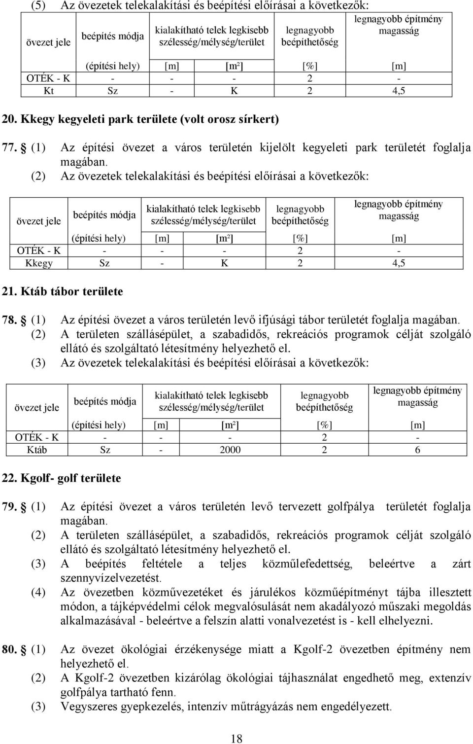 (2) Az övezetek telekalakítási és i előírásai a következők: kialakítható telek építmény (építési hely) [m] [m²] [%] [m] OTÉK - K - - - 2 - Kkegy Sz - K 2 4,5 21. Ktáb tábor területe 78.