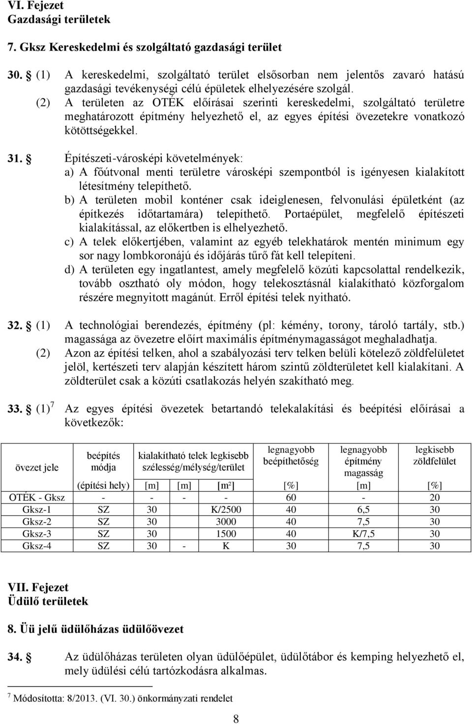 (2) A területen az OTÉK előírásai szerinti kereskedelmi, szolgáltató területre meghatározott építmény helyezhető el, az egyes építési övezetekre vonatkozó kötöttségekkel. 31.