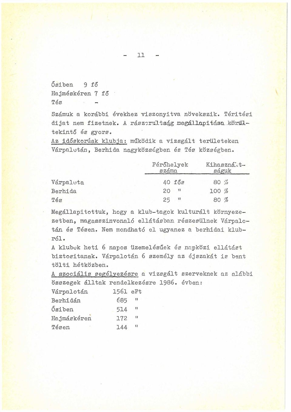 100 % Tés 25 1 80 % Megállapítottuk, hogy a klub-tagok kulturált környezezetben, magasszinvonaló ellátásban részesülnek Várpalotán és Tésen. Nem mondható el ugyanez a berhidai klubról.