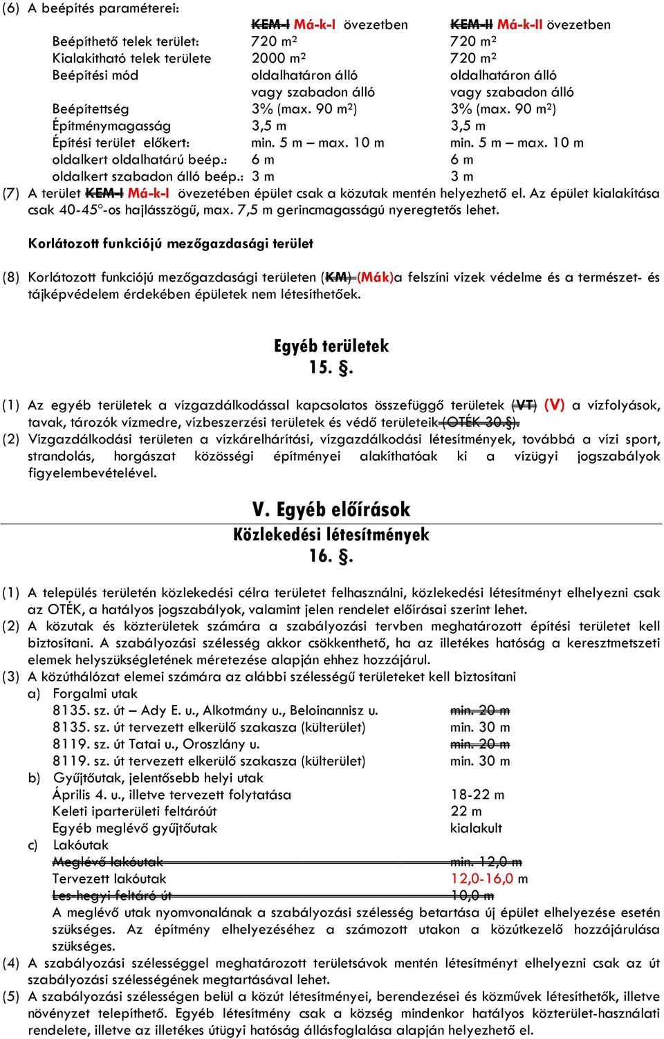 : 6 m 6 m oldalkert szabadon álló beép.: 3 m 3 m (7) A terület KEM-I Má-k-I övezetében épület csak a közutak mentén helyezhető el.