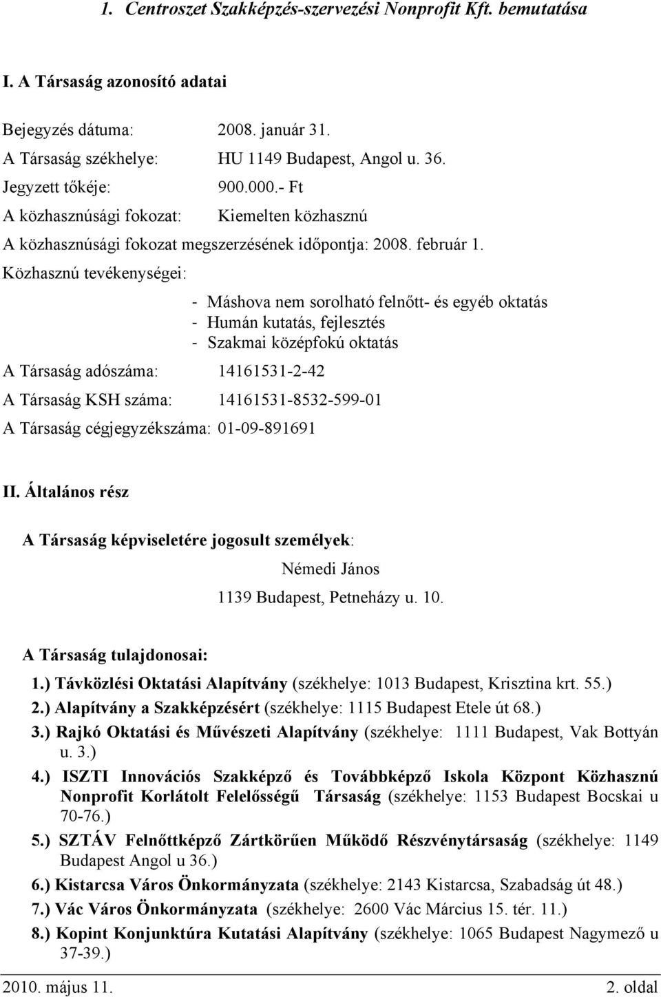 Közhasznú tevékenységei: Máshova nem sorolható felnőtt- és egyéb oktatás Humán kutatás, fejlesztés Szakmai középfokú oktatás A Társaság adószáma: 14161531-2-42 A Társaság KSH száma: