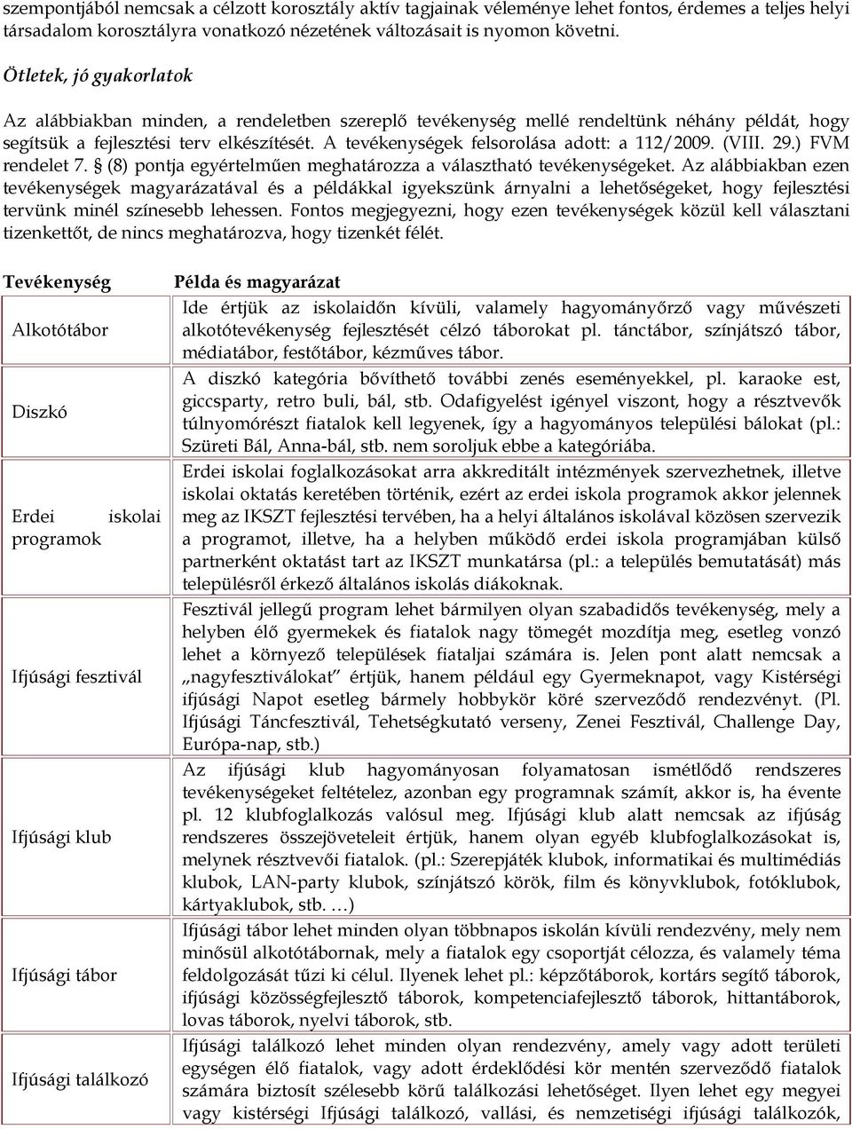 A tevékenységek felsorolása adott: a 112/2009. (VIII. 29.) FVM rendelet 7. (8) pontja egyértelműen meghatározza a választható tevékenységeket.