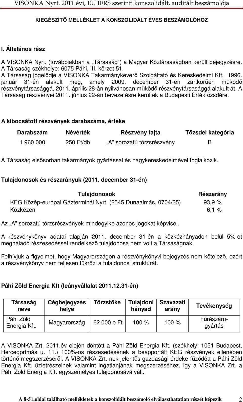 április 28-án nyilvánosan mőködı részvénytársasággá alakult át. A Társaság részvényei 2011. június 22-án bevezetésre kerültek a Budapesti Értéktızsdére.