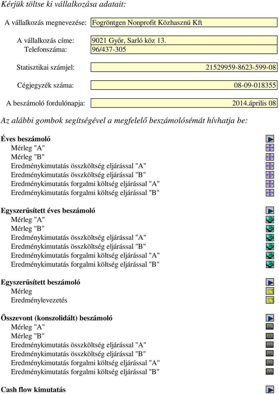 április 08 Az alábbi gombok segítségével a megfelelő beszámolósémát hívhatja be: Éves beszámoló Mérleg "A" Mérleg "B" Eredménykimutatás összköltség eljárással "A" Eredménykimutatás összköltség