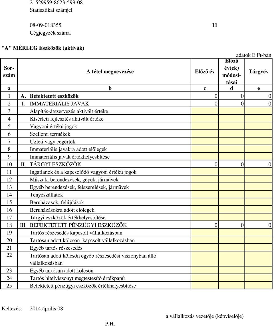 előlegek 9 Immateriális javak értékhelyesbítése 10 II.