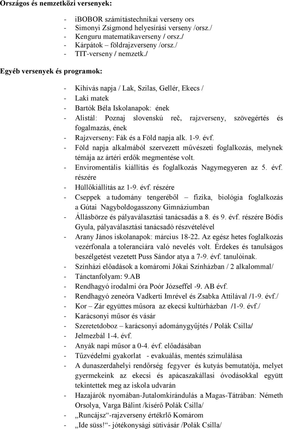 / - Kihívás napja / Lak, Szilas, Gellér, Ekecs / - Laki matek - Bartók Béla Iskolanapok: ének - Alistál: Poznaj slovenskú reč, rajzverseny, szövegértés és fogalmazás, ének - Rajzverseny: Fák és a