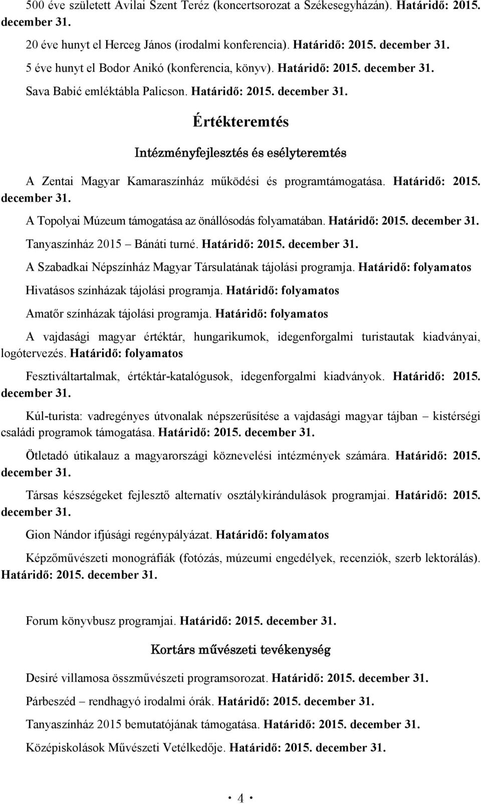 Határidő: 2015. Tanyaszínház 2015 Bánáti turné. Határidő: 2015. A Szabadkai Népszínház Magyar Társulatának tájolási programja. Határidő: folyamatos Hivatásos színházak tájolási programja.