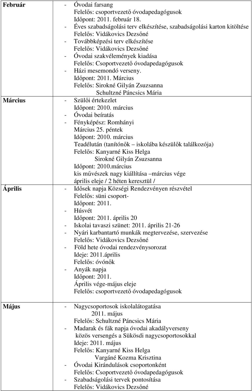 verseny. Időpont: 2011. Március Felelős: Sirokné Gilyán Zsuzsanna Schultzné Páncsics Mária Március - Szülői értekezlet Időpont: 2010. március - Óvodai beíratás - Fényképész: Romhányi Március 25.