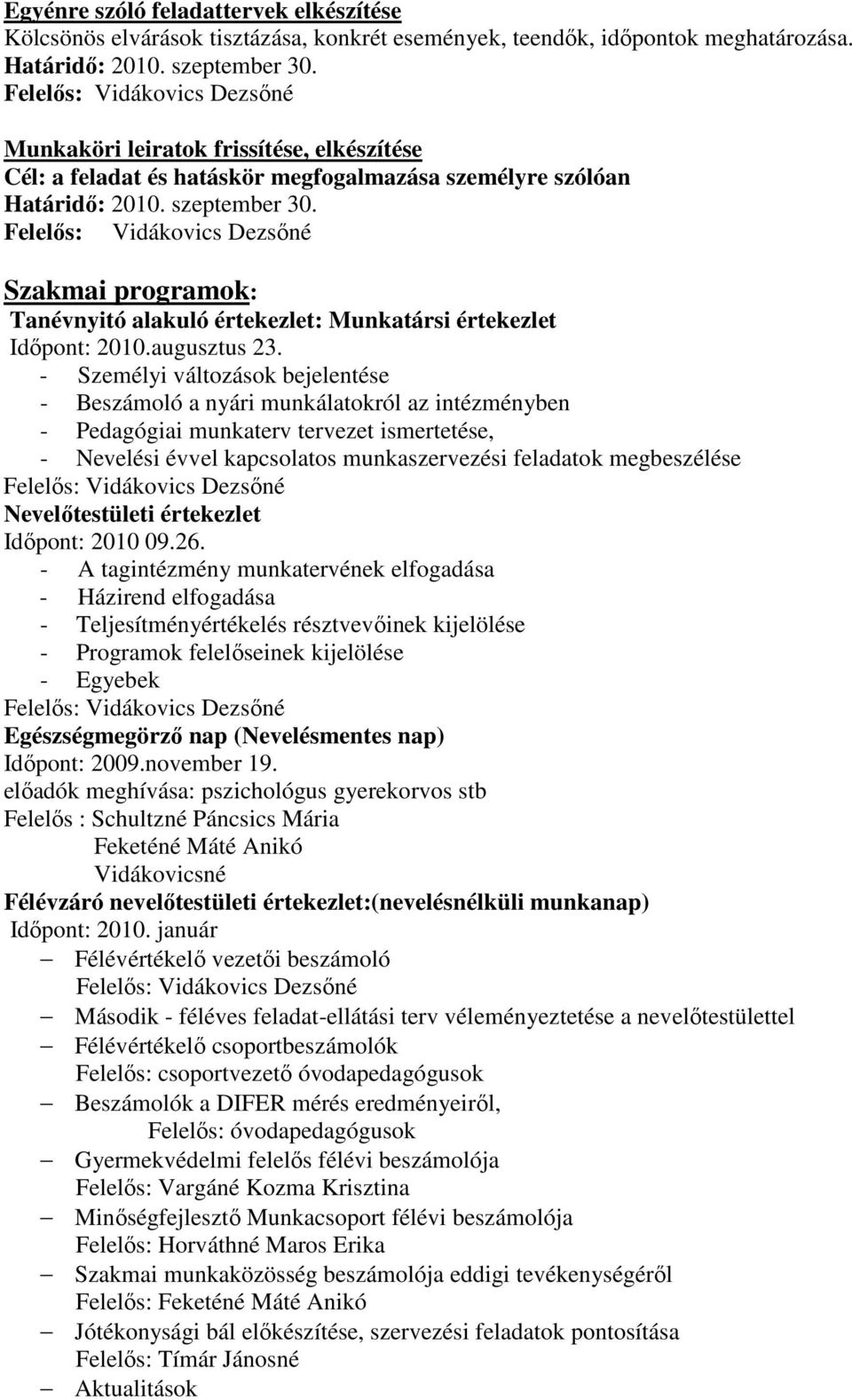 Szakmai programok: Tanévnyitó alakuló értekezlet: Munkatársi értekezlet Időpont: 2010.augusztus 23.