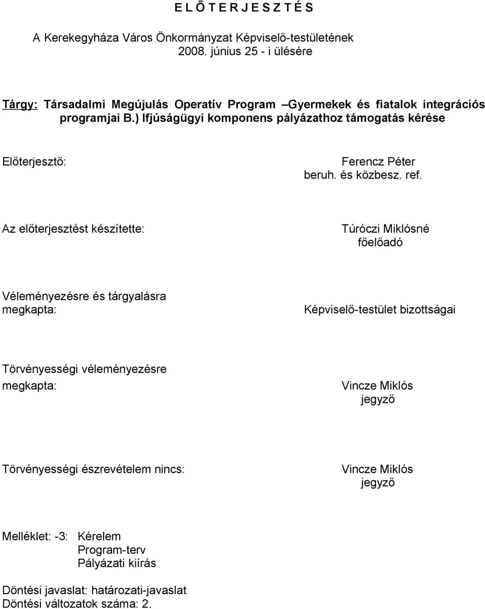 ) Ifjúságügyi komponens pályázathoz támogatás kérése Előterjesztő: Ferencz Péter beruh. és közbesz. ref.