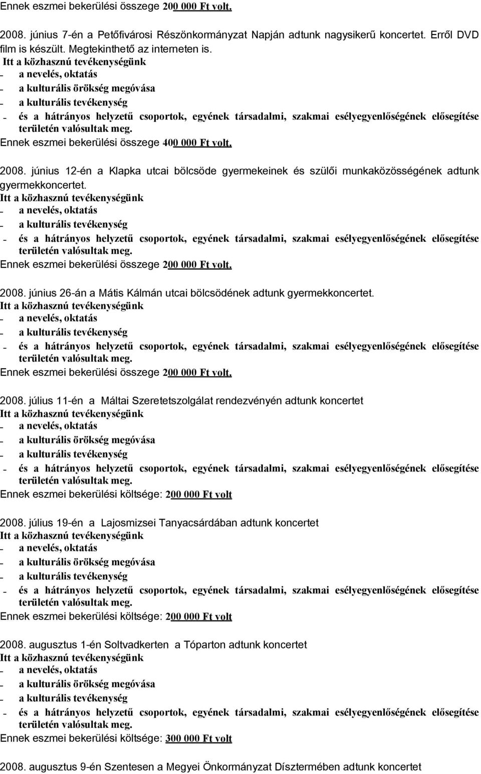 Ennek eszmei bekerülési összege 200 000 Ft volt. 2008. június 26-án a Mátis Kálmán utcai bölcsödének adtunk gyermekkoncertet. Ennek eszmei bekerülési összege 200 000 Ft volt. 2008. július 11-én a Máltai Szeretetszolgálat rendezvényén adtunk koncertet 2008.