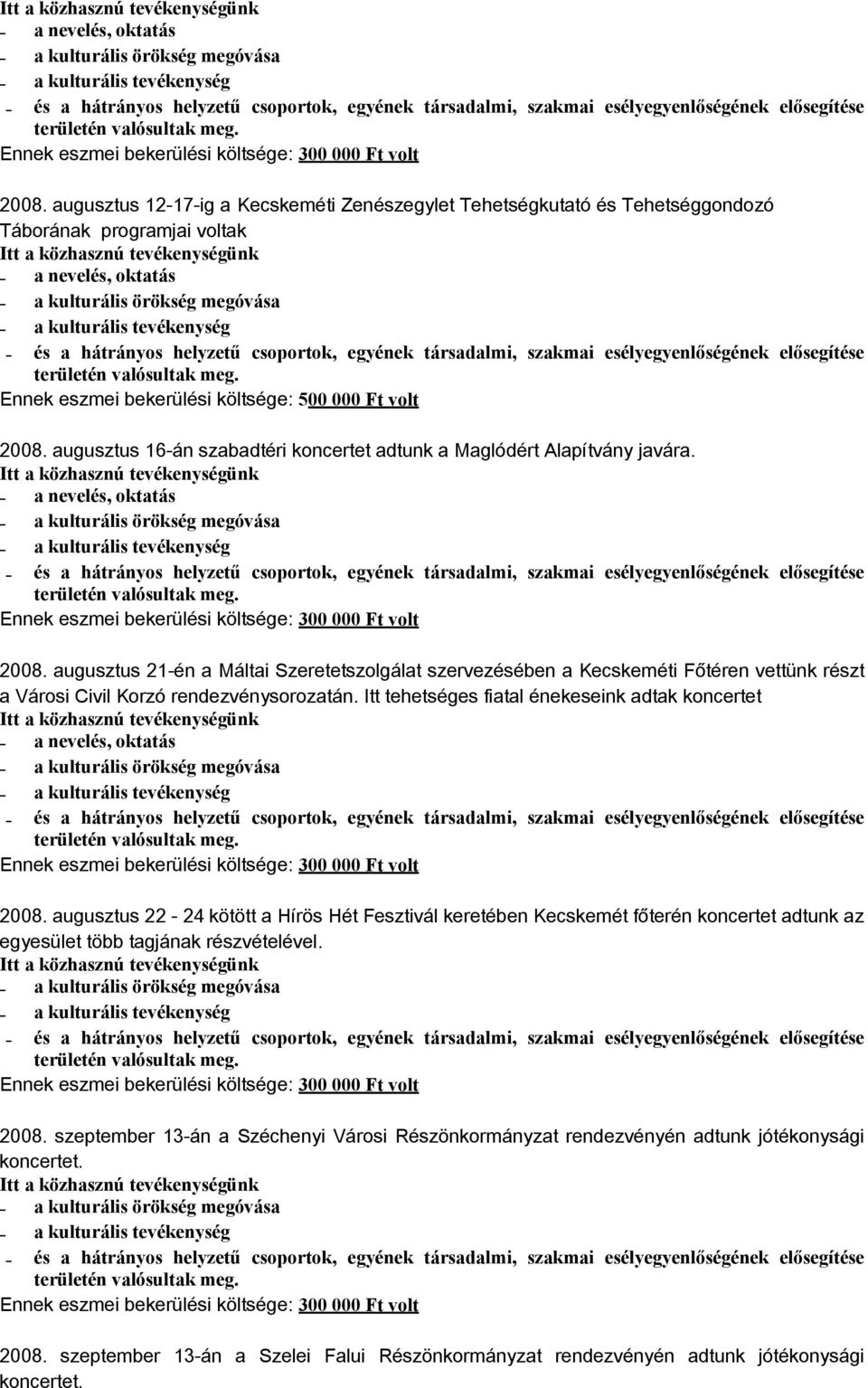 augusztus 21-én a Máltai Szeretetszolgálat szervezésében a Kecskeméti Főtéren vettünk részt a Városi Civil Korzó rendezvénysorozatán. Itt tehetséges fiatal énekeseink adtak koncertet 2008.