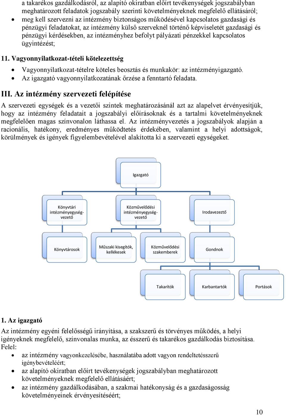 pénzekkel kapcsolatos ügyintézést; 11. Vagyonnyilatkozat-tételi kötelezettség Vagyonnyilatkozat-tételre köteles beosztás és munkakör: az intézményigazgató.