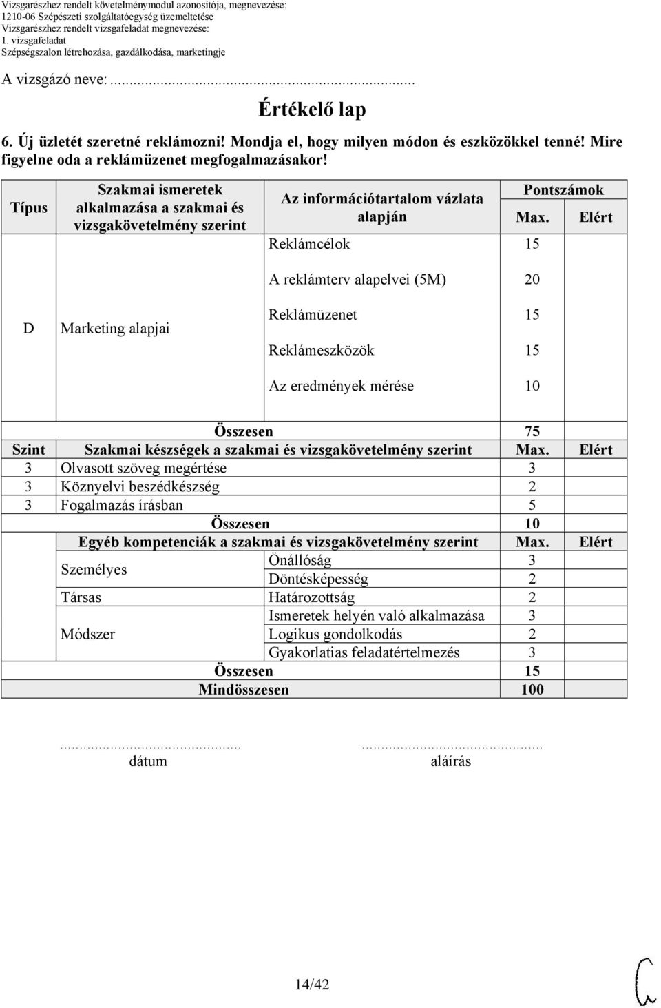 Elért A reklámterv alapelvei (5M) 20 D Marketing alapjai Reklámüzenet Reklámeszközök Az eredmények mérése 10 Összesen 75 Szint Szakmai készségek a szakmai és vizsgakövetelmény szerint Max.