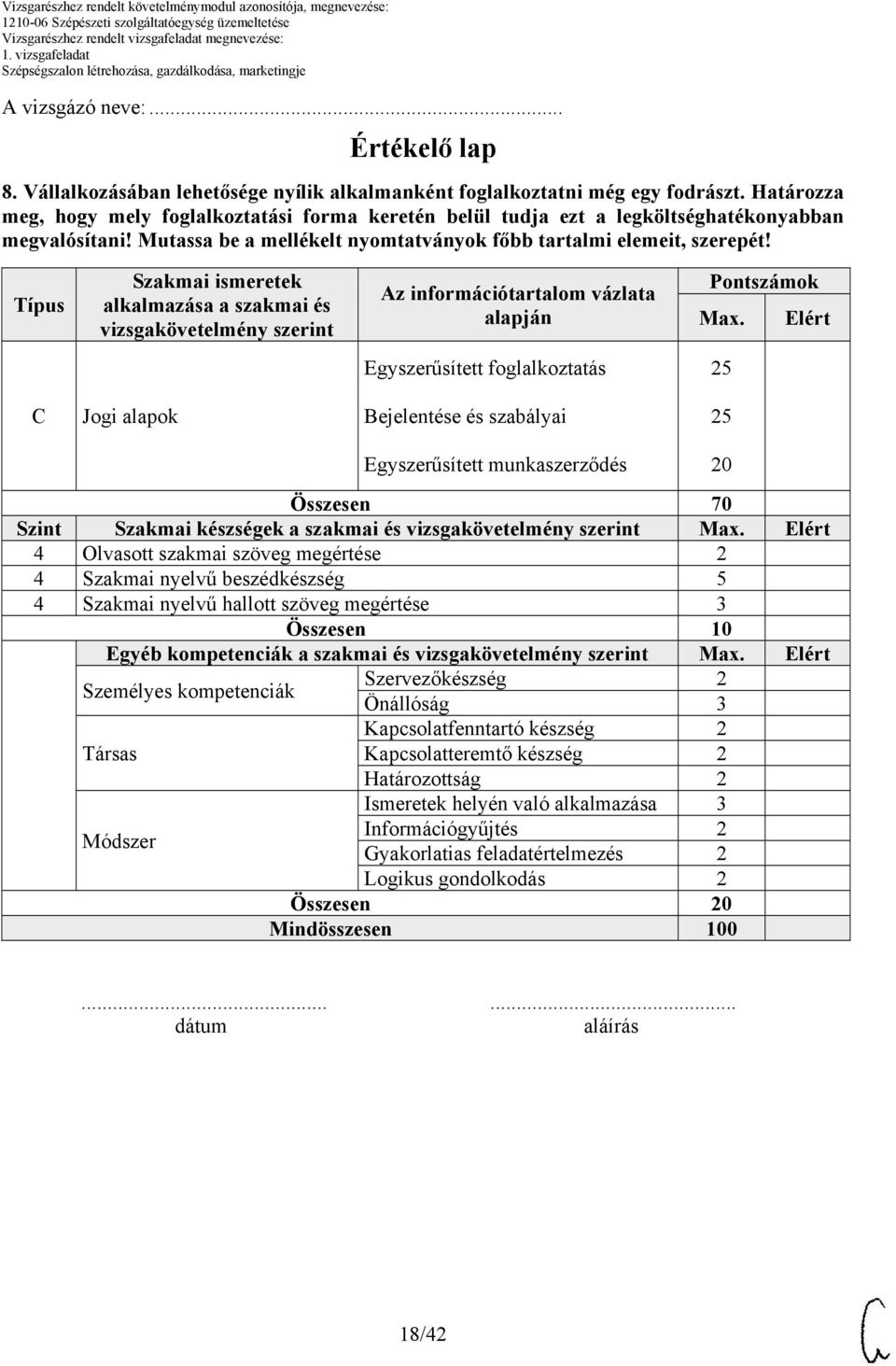 Típus Szakmai ismeretek alkalmazása a szakmai és vizsgakövetelmény szerint Az információtartalom vázlata alapján Pontszámok Max.