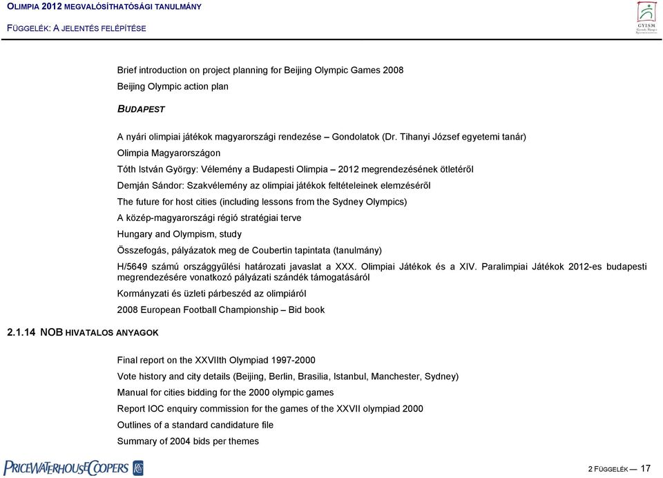 elemzéséről The future for host cities (including lessons from the Sydney Olympics) A közép-magyarországi régió stratégiai terve Hungary and Olympism, study Összefogás, pályázatok meg de Coubertin