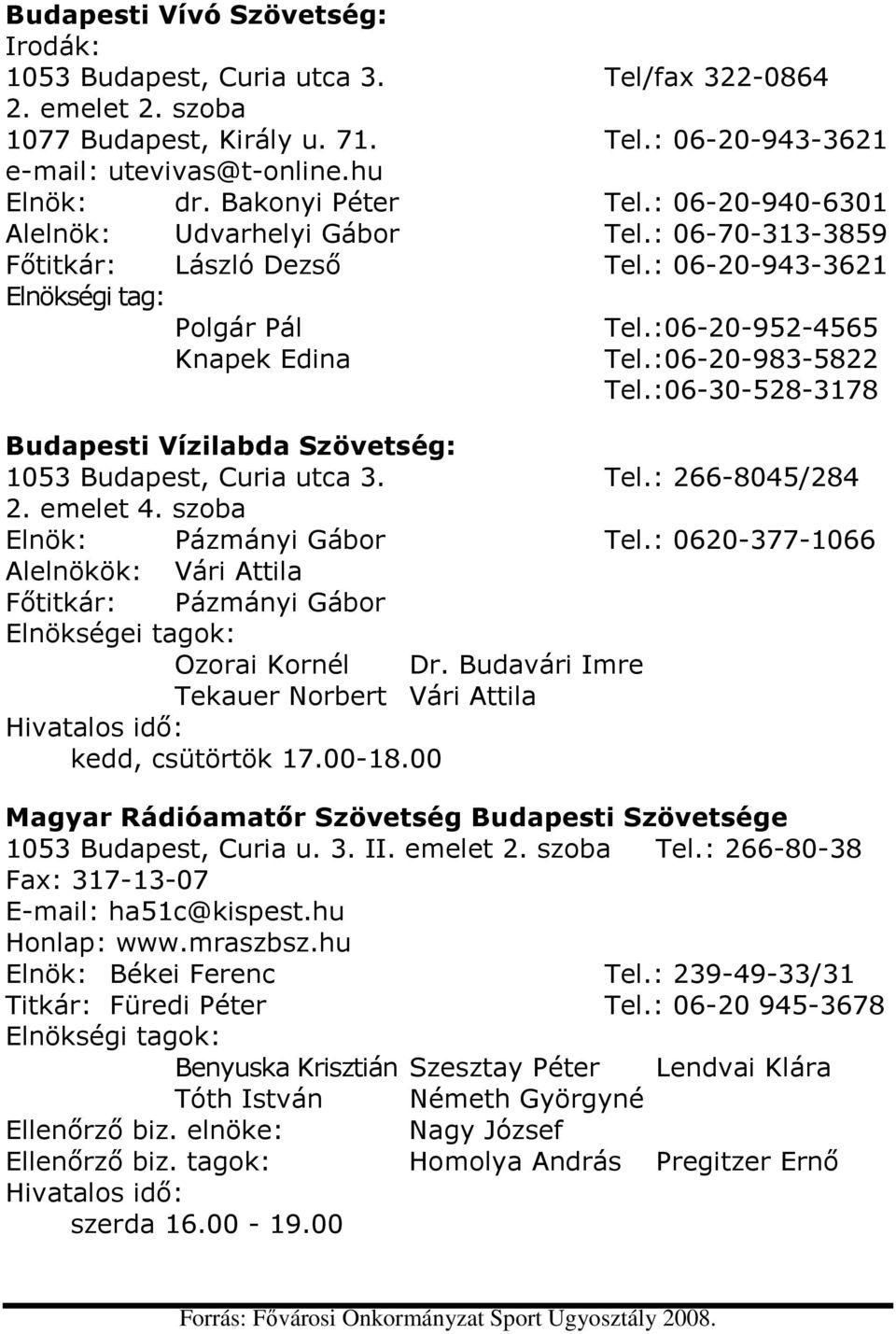 :06-20-983-5822 Tel.:06-30-528-3178 Budapesti Vízilabda Szövetség: 1053 Budapest, Curia utca 3. Tel.: 266-8045/284 2. emelet 4. szoba Elnök: Pázmányi Gábor Tel.