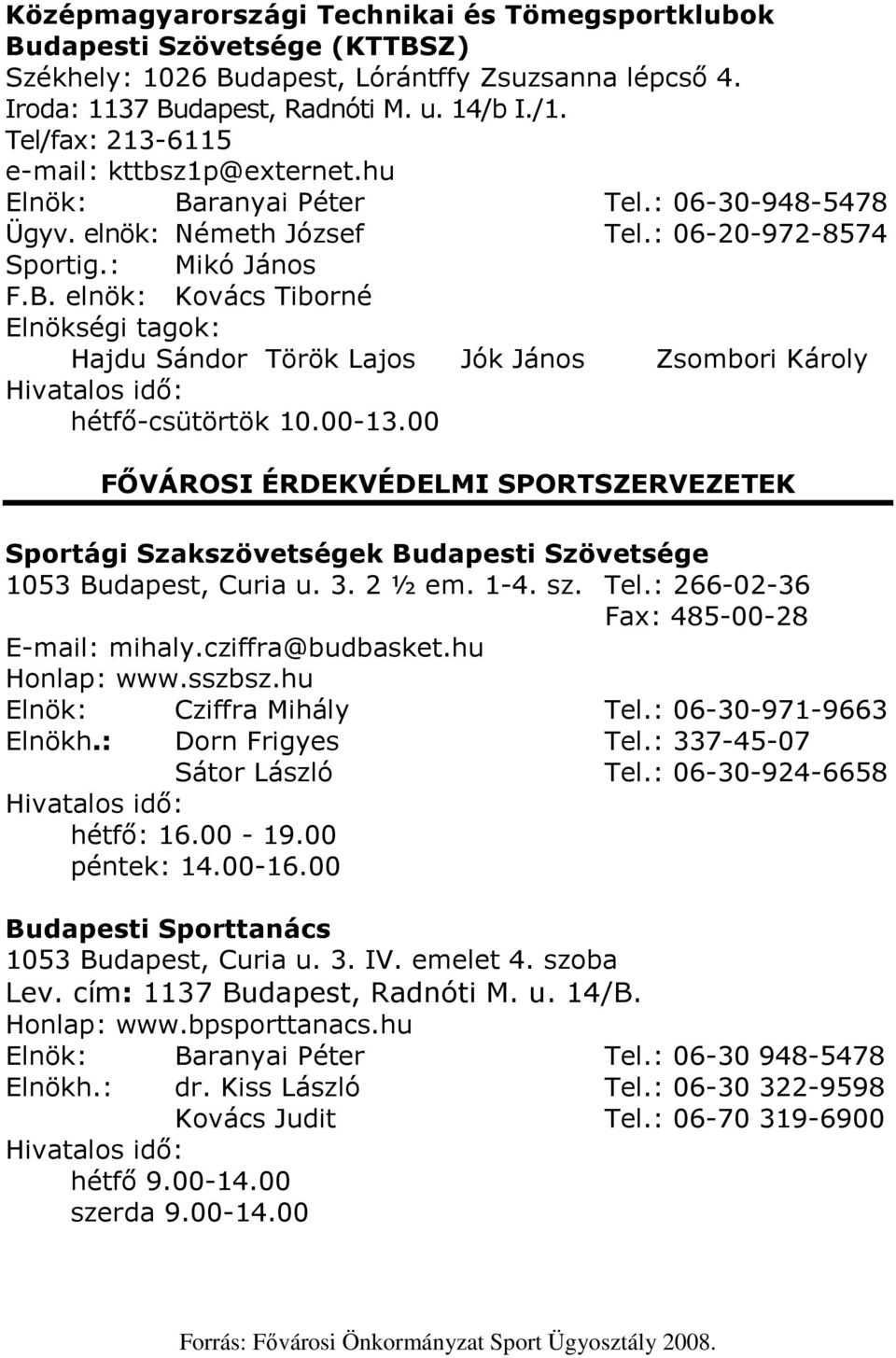 00-13.00 FİVÁROSI ÉRDEKVÉDELMI SPORTSZERVEZETEK Sportági Szakszövetségek Budapesti Szövetsége 1053 Budapest, Curia u. 3. 2 ½ em. 1-4. sz. Tel.: 266-02-36 Fax: 485-00-28 E-mail: mihaly.