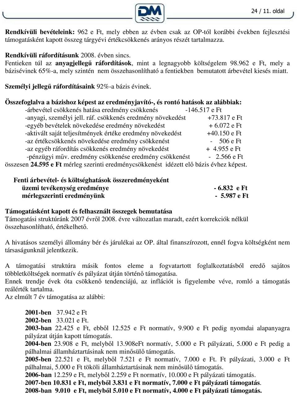 962 e Ft, mely a bázisévinek 65%-a, mely szintén nem összehasonlítható a fentiekben bemutatott árbevétel kiesés miatt. Személyi jellegő ráfordításaink 92%-a bázis évinek.