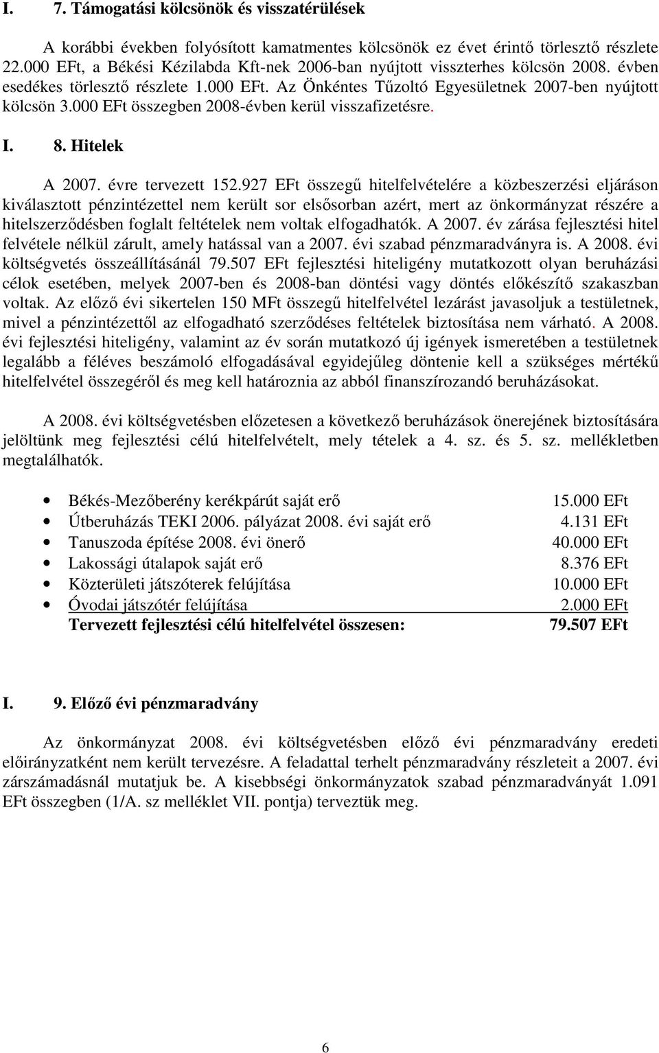 000 EFt összegben 2008-évben kerül visszafizetésre. I. 8. Hitelek A 2007. évre tervezett 152.