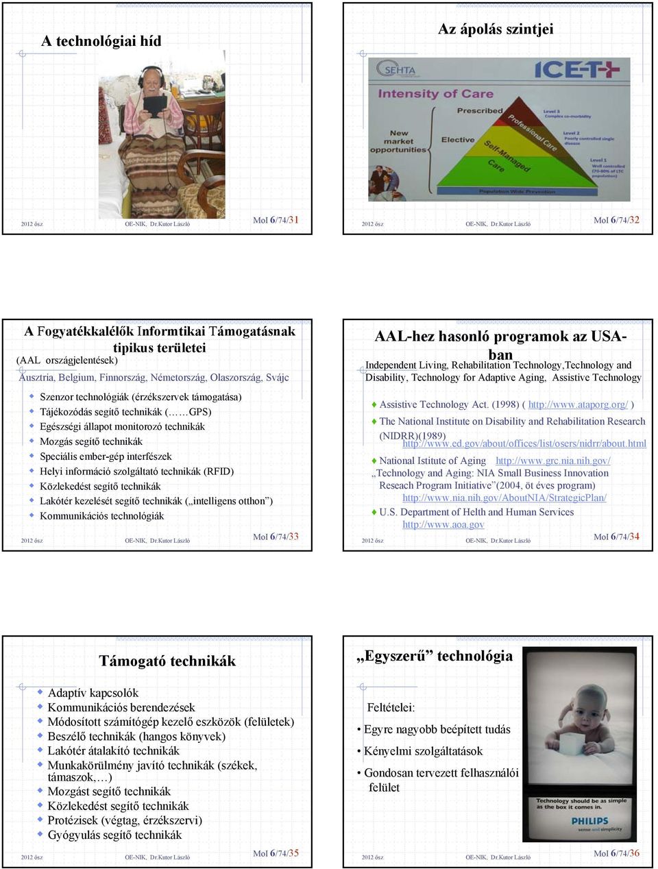 Helyi információ szolgáltató technikák (RFID) Közlekedést segítő technikák Lakótér kezelését segítő technikák ( intelligens otthon ) Kommunikációs technológiák MoI 6/74/33 AAL-hez hasonló programok