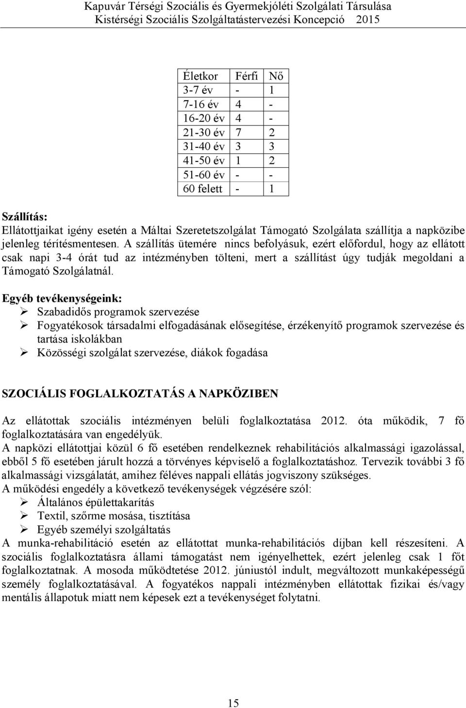 A szállítás ütemére nincs befolyásuk, ezért előfordul, hogy az ellátott csak napi 3-4 órát tud az intézményben tölteni, mert a szállítást úgy tudják megoldani a Támogató Szolgálatnál.