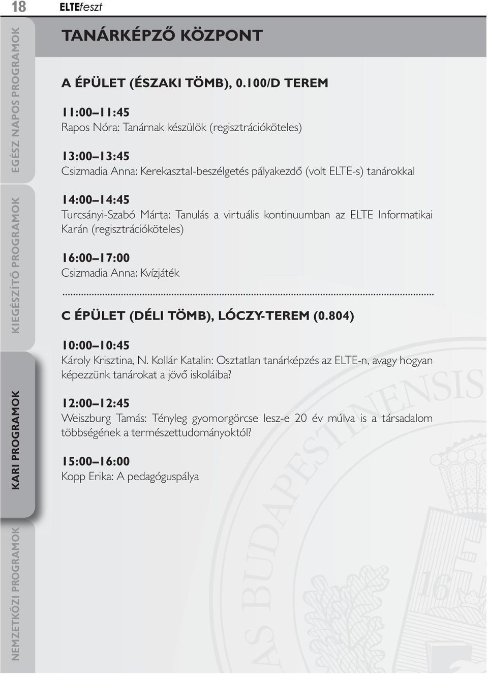 14:45 Turcsányi-Szabó Márta: Tanulás a virtuális kontinuumban az ELTE Informatikai Karán (regisztrációköteles) 16:00 17:00 Csizmadia Anna: Kvízjáték C ÉPÜLET (DÉLI TÖMB),