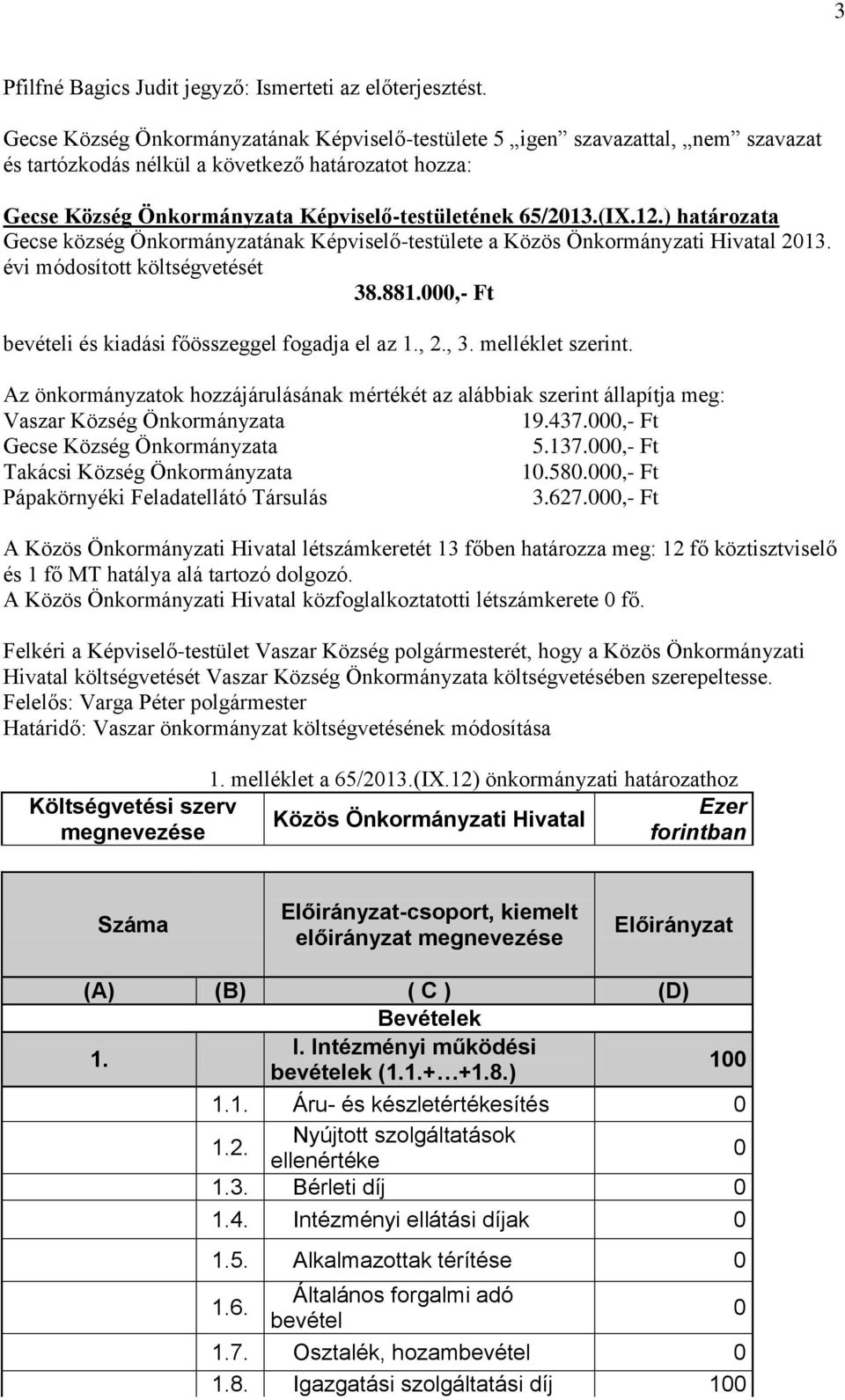 melléklet szerint. Az önkormányzatok hozzájárulásának mértékét az alábbiak szerint állapítja meg: Vaszar Község Önkormányzata 19.437.,- Ft Gecse Község Önkormányzata 5.137.