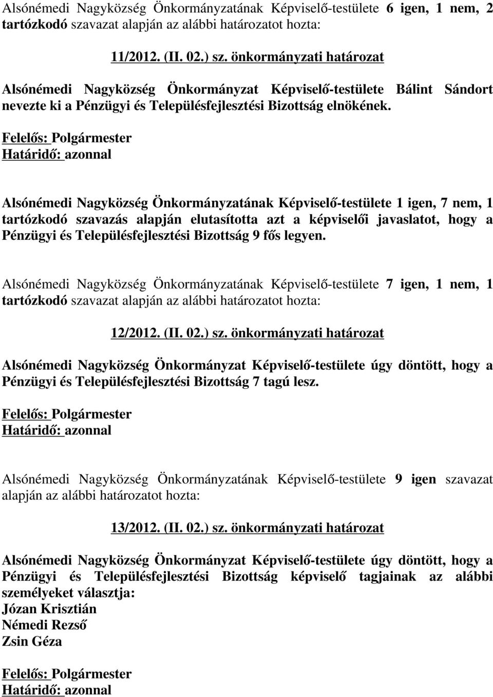 Felelős: Polgármester Határidő: azonnal Alsónémedi Nagyközség Önkormányzatának Képviselő-testülete 1 igen, 7 nem, 1 tartózkodó szavazás alapján elutasította azt a képviselői javaslatot, hogy a