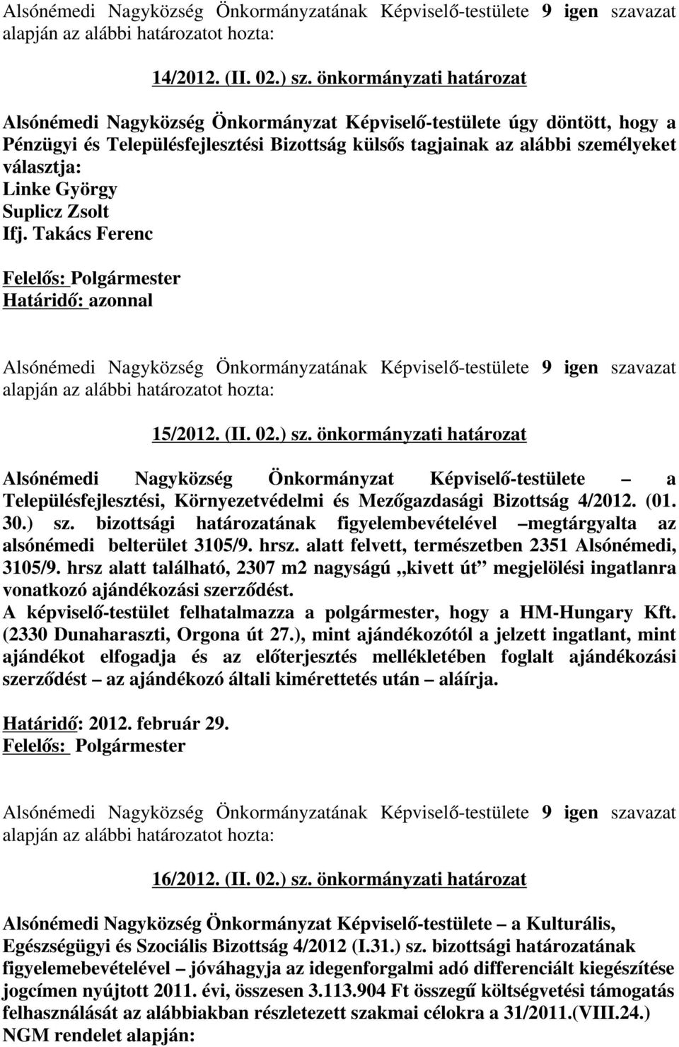 György Suplicz Zsolt Ifj. Takács Ferenc Felelős: Polgármester Határidő: azonnal Alsónémedi Nagyközség Önkormányzatának Képviselő-testülete 9 igen szavazat 15/2012. (II. 02.) sz.