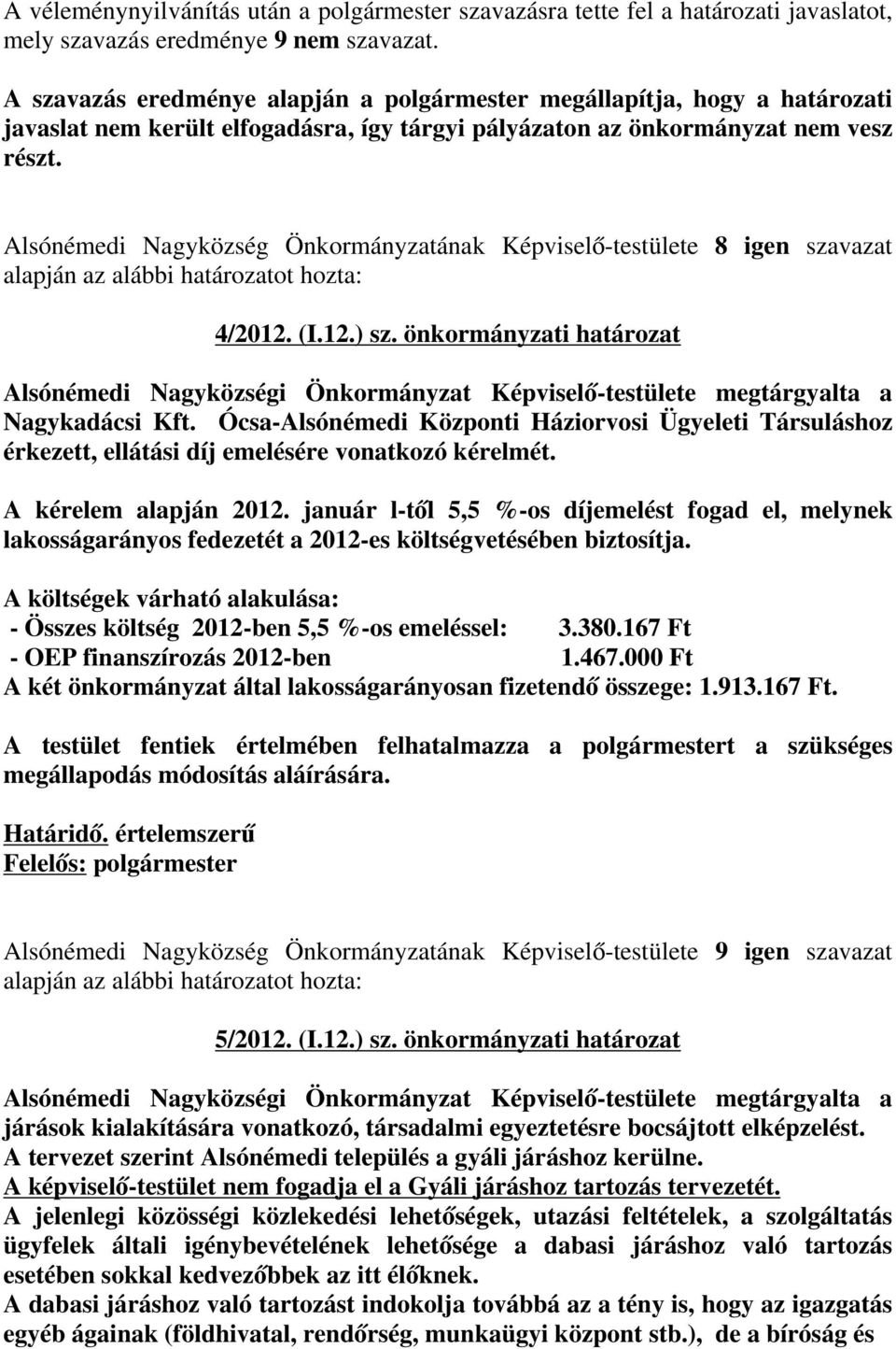 Alsónémedi Nagyközség Önkormányzatának Képviselő-testülete 8 igen szavazat 4/2012. (I.12.) sz.