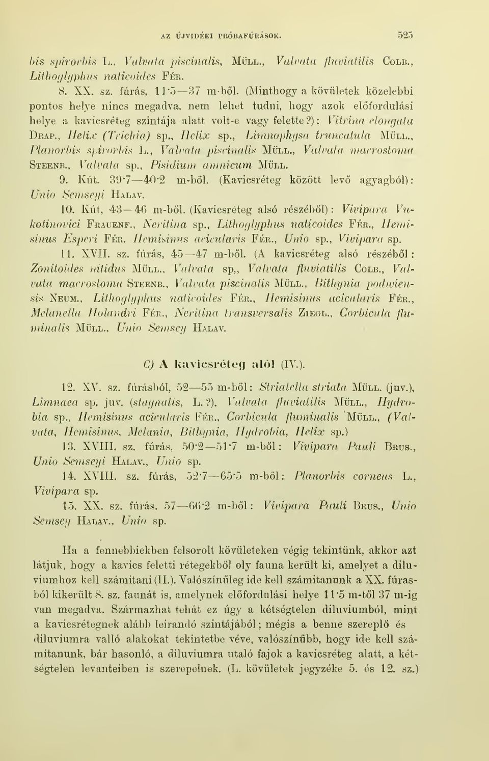 , Helix (Trichia) sp., Helix sp., Limnophysa truncatula Mull., Pkniorlds.s/.tVor/u'.s L., Valvata piscinalis Mull., Valvala macrostoma Steenb., Valvala sp., Pimlium amnicum Mull. 9. Kút.