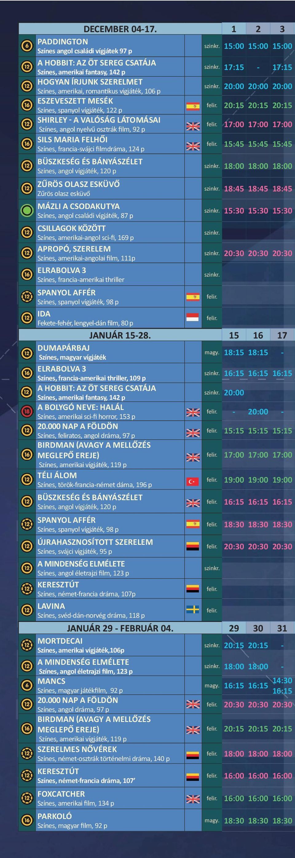 20:00 20:00 20:00 ESZEVESZETT MESÉK Színes, spanyol vígjáték, 122 p 20:15 20:15 20:15 SHIRLEY - A VALÓSÁG LÁTOMÁSAI Színes, angol nyelvű osztrák film, 92 p 17:00 17:00 17:00 SILS MARIA FELHŐI Színes,