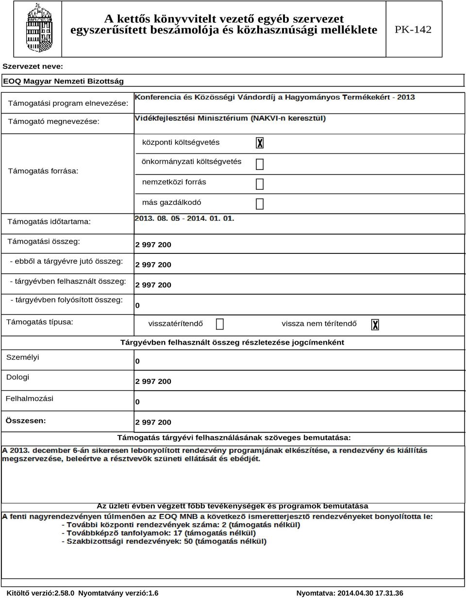 tárgyévben felhasznált összeg: - tárgyévben folyósított összeg: Támogatás típusa: 2 997 200 2 997 200 2 997 200 0 visszatérítendő vissza nem térítendő Tárgyévben felhasznált összeg részletezése