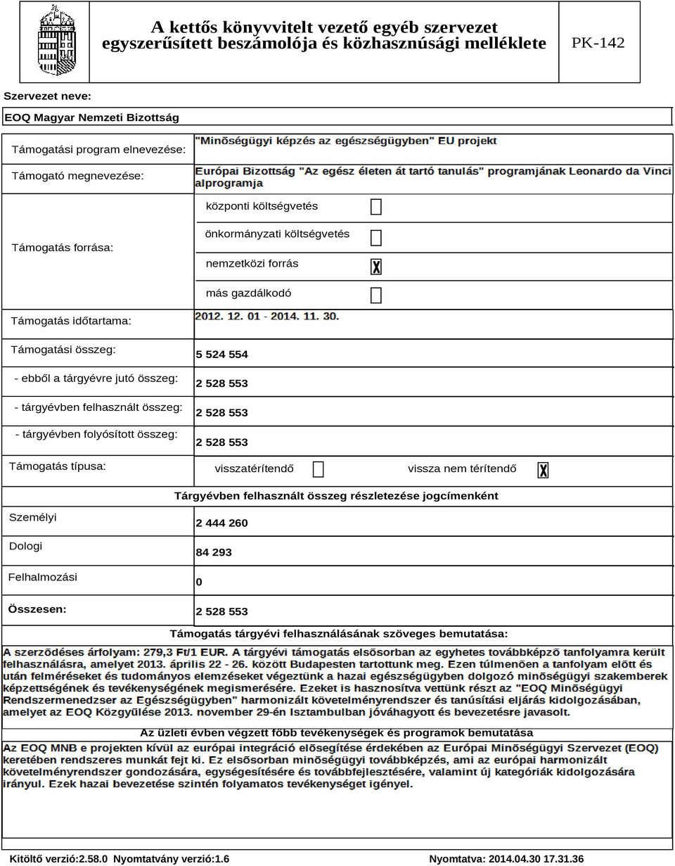 tárgyévben felhasznált összeg: - tárgyévben folyósított összeg: Támogatás típusa: 5 524 554 2 528 553 2 528 553 2 528 553 visszatérítendő vissza nem térítendő Tárgyévben felhasznált összeg