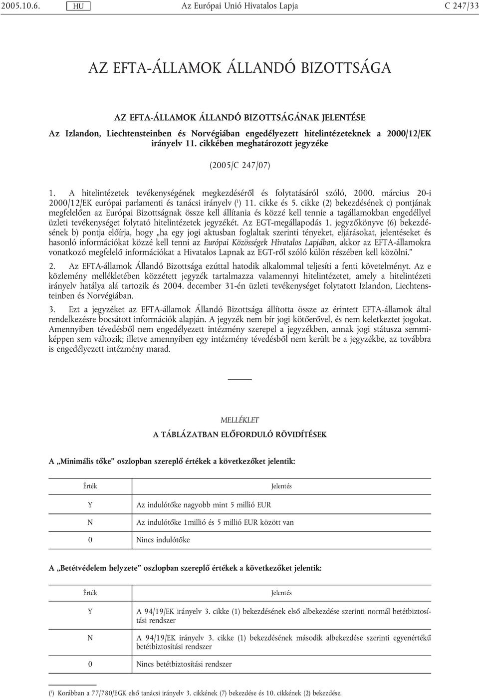 cikkében meghatározott jegyzéke (2005/C 247/07) 1. A hitelintézetek tevékenységének megkezdéséről és folytatásáról szóló, 2000. március 20-i 2000/12/EK európai parlamenti és tanácsi irányelv ( 1 ) 11.