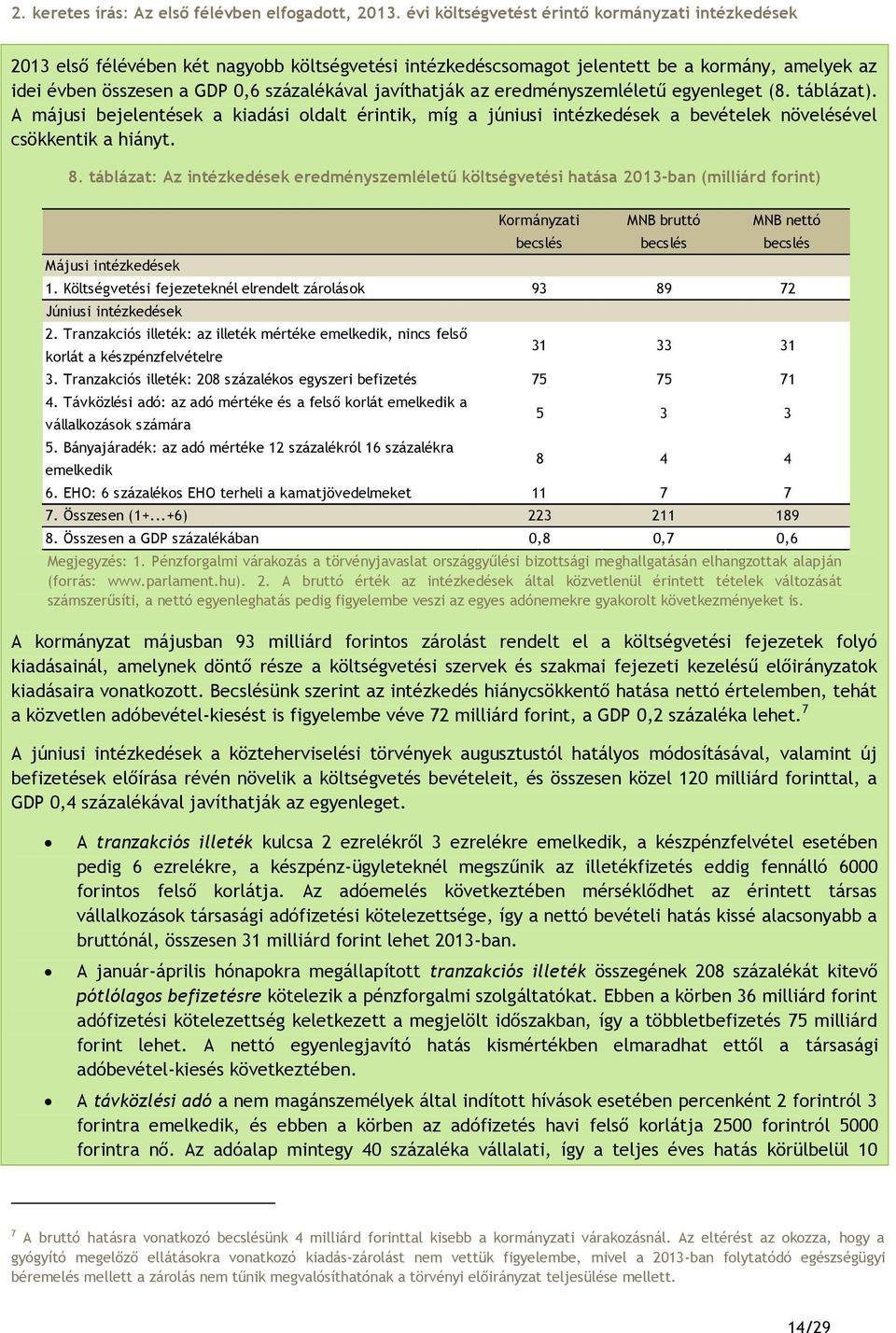 javíthatják az eredményszemléletű egyenleget (8. táblázat). A májusi bejelentések a kiadási oldalt érintik, míg a júniusi intézkedések a bevételek növelésével csökkentik a hiányt. 8.