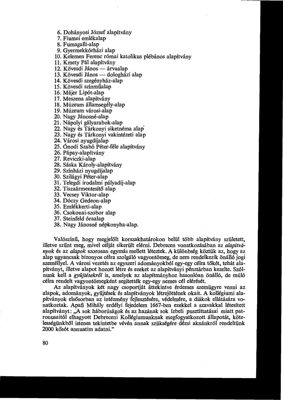 Múzeum városi-alap 20. Nagy Jánosné-alap 21. Nápolyi gályarabok-alap 22. Nagy és Tárkonyi siketnéma alap 23. Nagy és Tárkonyi vakintézeti alap 24. Városi nyugdíjalap 25.